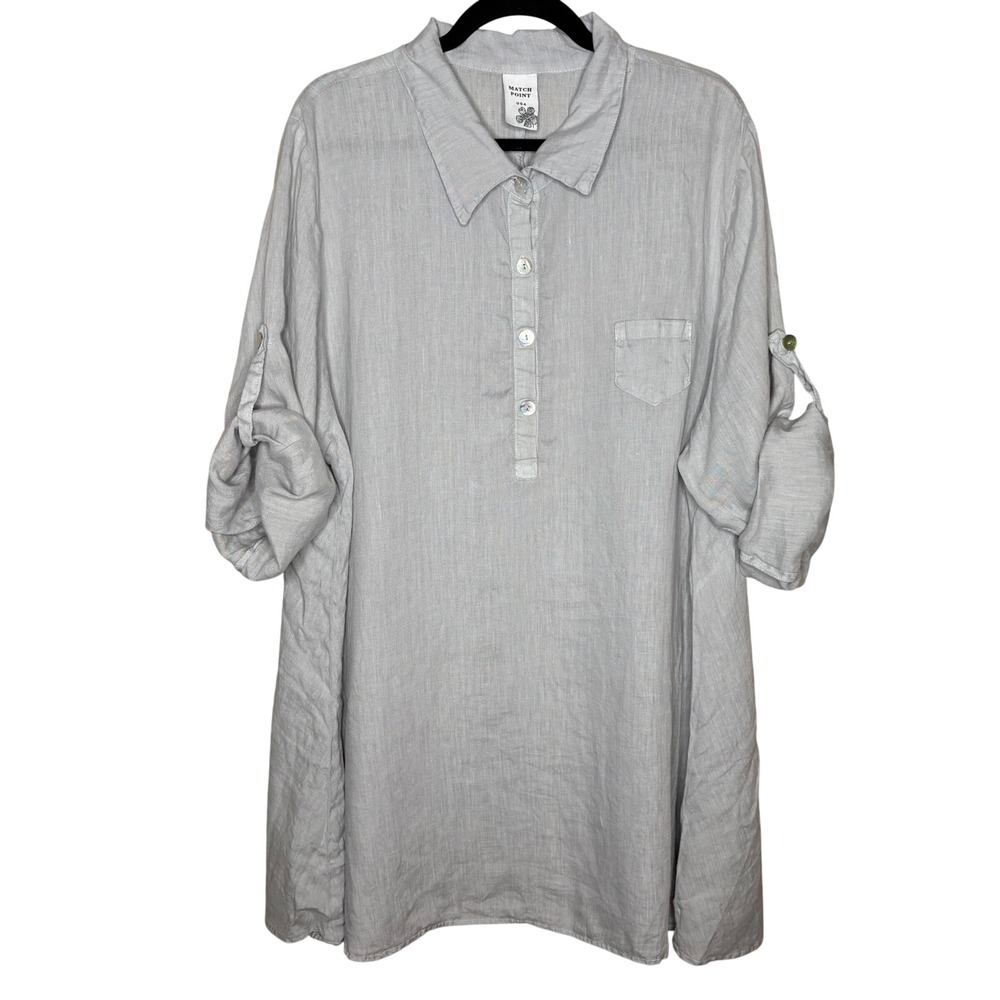 Match Point USA Grey 100% Linen Roll Tab Tunic Top 2X USA Lagenlook